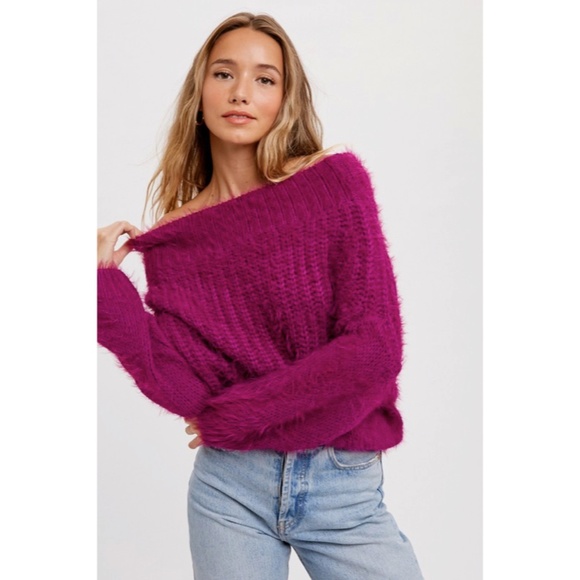 Sweaters - SOLD OUT Orchid Fuzzy Dolman Off Shoulder Pullover Knit Winter Casual Sweater